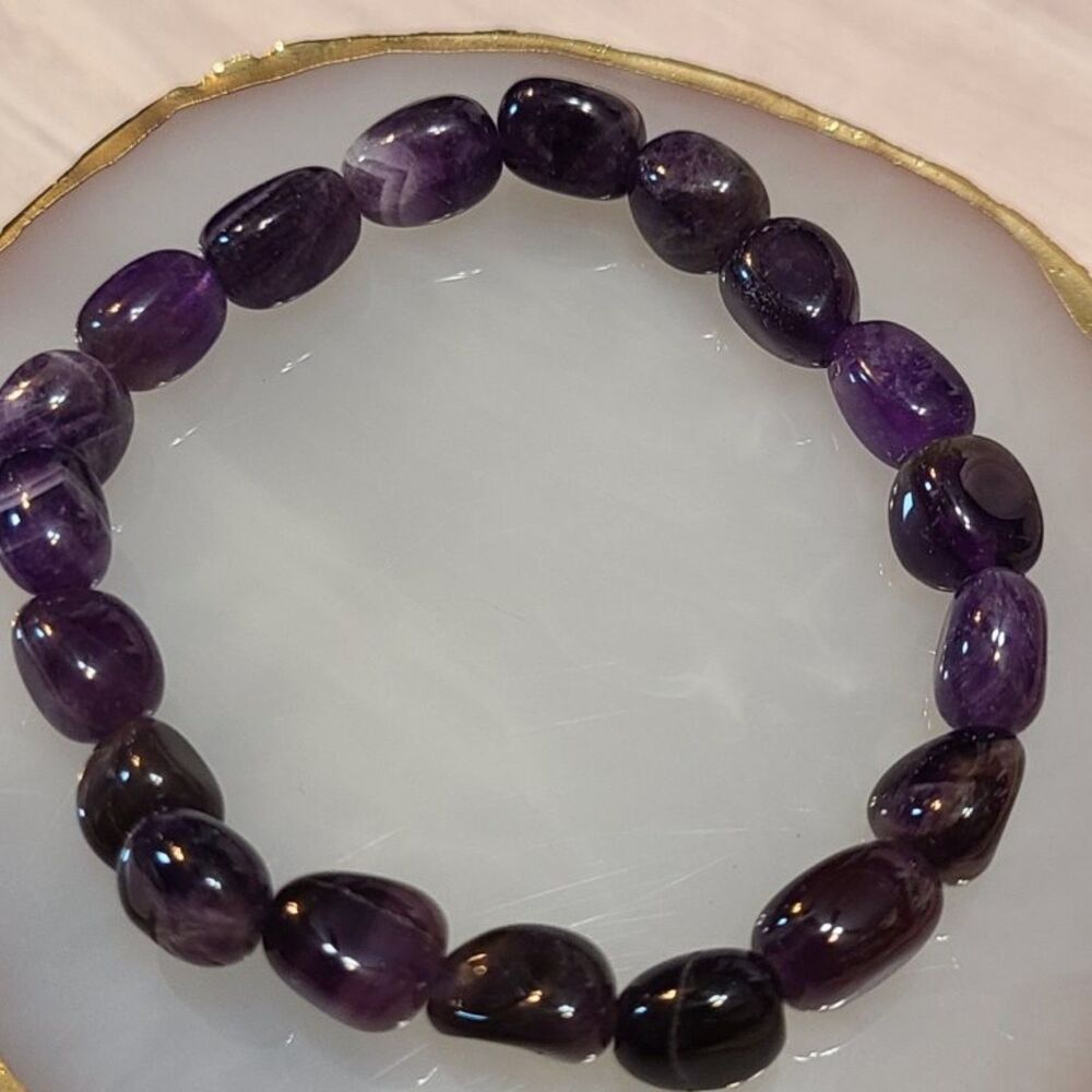 Natural Amethyst Gemstone Tumbled Bead Stretch Bracelet Purple Healing Crystal